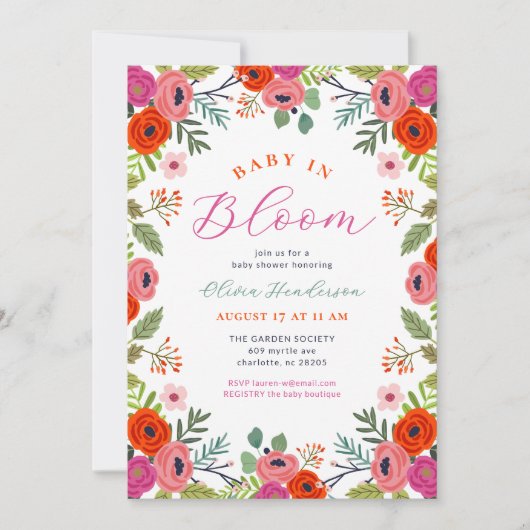 Baby in Bloom Bright Floral Baby shower Invitation Kaart (Voorkant)