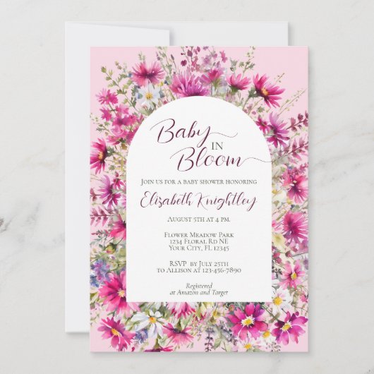 Baby in Bloom Bright Pink Floral Boho Baby shower Kaart (Voorkant)