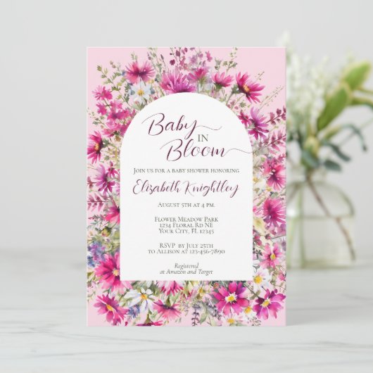 Baby in Bloom Bright Pink Floral Boho Baby shower Kaart (Staand voorkant)