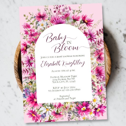 Baby in Bloom Bright Pink Floral Boho Baby shower Kaart