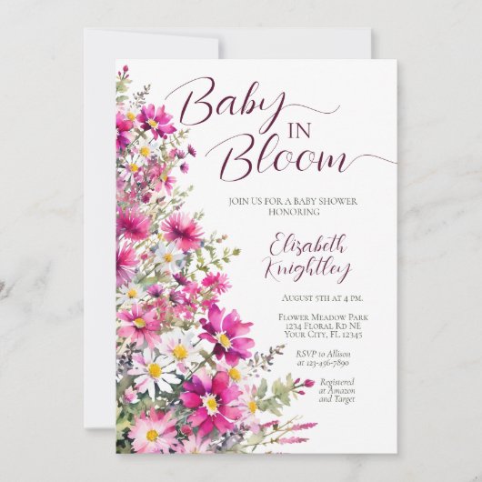 Baby in Bloom Bright Pink Floral Girl Baby shower Kaart (Voorkant)