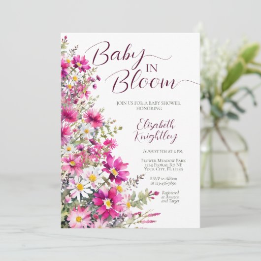 Baby in Bloom Bright Pink Floral Girl Baby shower Kaart (Staand voorkant)
