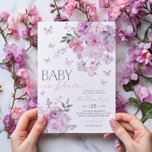 Baby in Bloom Butterfly Floral Paarse Baby shower Kaart