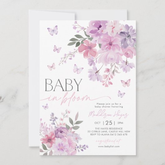 Baby in Bloom Butterfly Floral Paarse Baby shower Kaart (Voorkant)