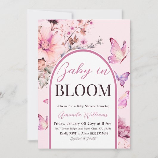 Baby in Bloom Butterfly Paarse Meisje Baby shower Kaart (Voorkant)