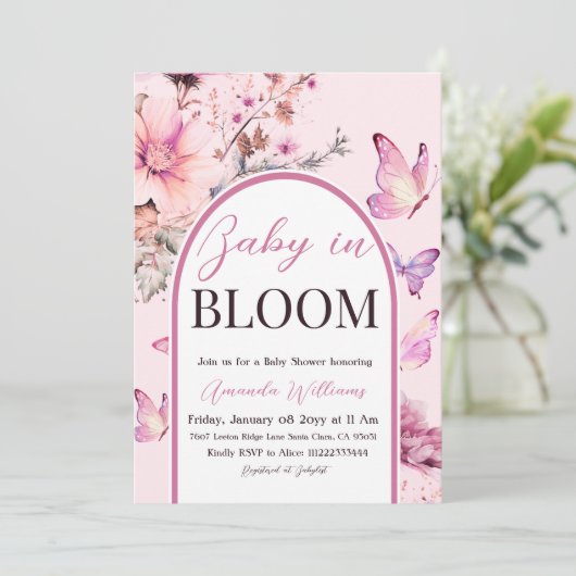 Baby in Bloom Butterfly Paarse Meisje Baby shower Kaart (Staand voorkant)