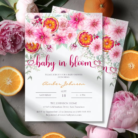 Baby in Bloom Citrus and Pink Floral Baby Shower Kaart