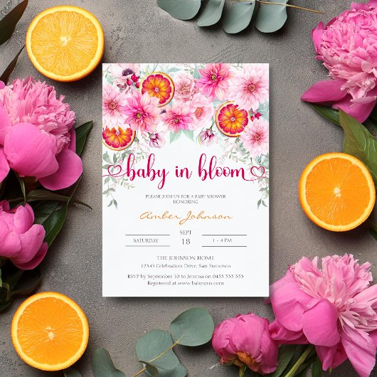 Baby in Bloom Citrus and Pink Floral Baby Shower Kaart