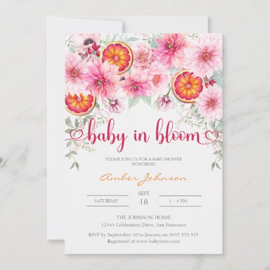 Baby in Bloom Citrus and Pink Floral Baby Shower Kaart (Voorkant)