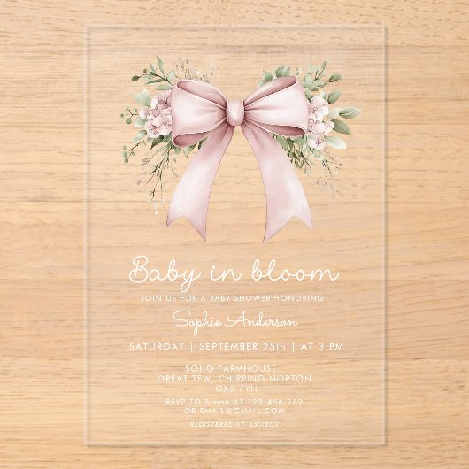Baby in Bloom Coquette Roze Bow Baby shower Acryl Uitnodigingen (Voorkant)