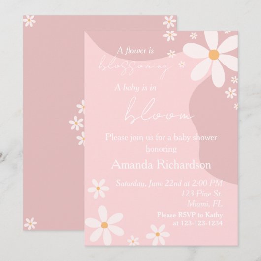 Baby in Bloom Daisy Baby shower Roze Uitnodiging (Voorkant / Achterkant)