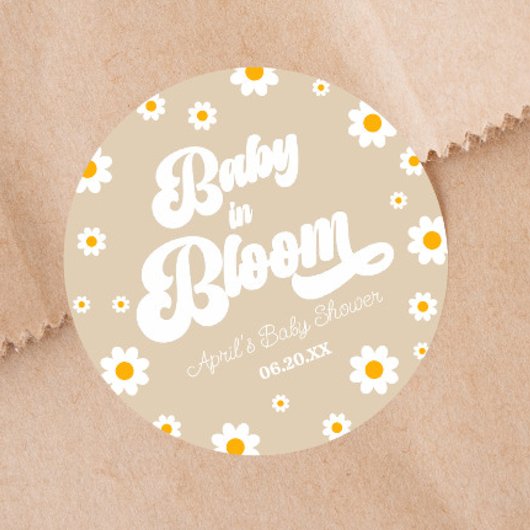 Baby in Bloom Daisy Flower Floral Tan Baby shower Ronde Sticker