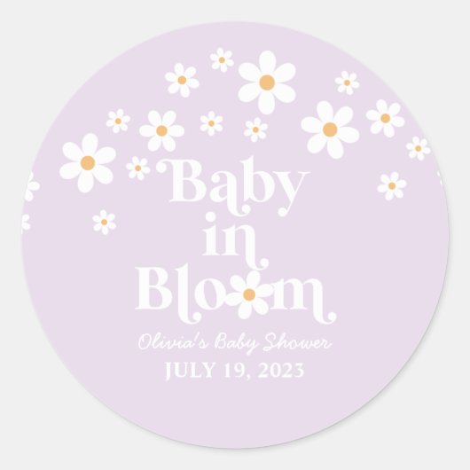 Baby in Bloom Daisy lavender Baby shower Ronde Sticker (Voorkant)
