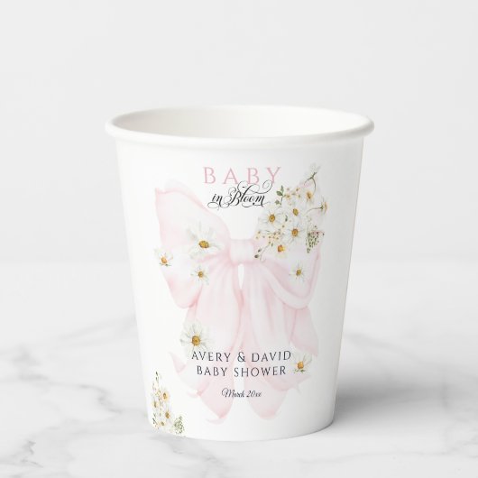 Baby in Bloom Daisy Pink Bow Girl Baby shower Papieren Bekers (Achterkant)