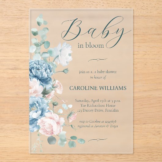 Baby in Bloom Dusty Blue Baby shower Acryl Uitnodigingen (Voorkant)