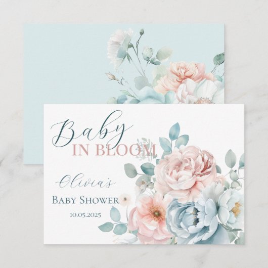 Baby in Bloom Dusty Blue Baby shower Bedankkaart (Voorkant / Achterkant)