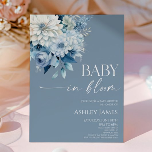 Baby In Bloom Dusty Blue Floral Baby Shower Kaart