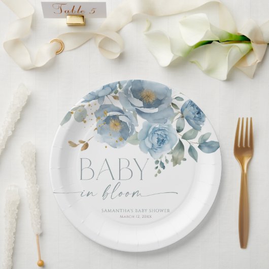Baby in Bloom Dusty blue floral boy baby shower Papieren Bordje (Huwelijk)