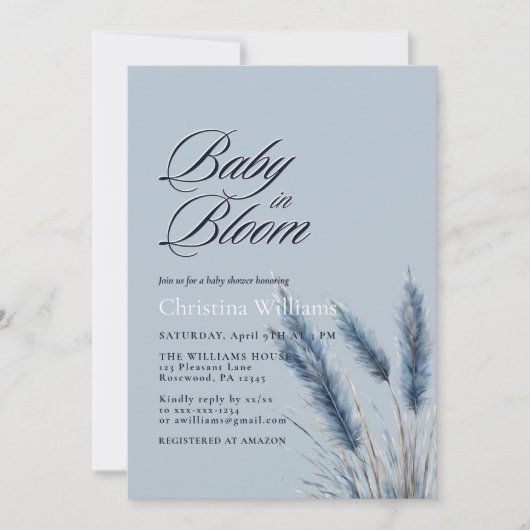 Baby in Bloom Dusty Blue Pampas Baby shower Kaart (Voorkant)