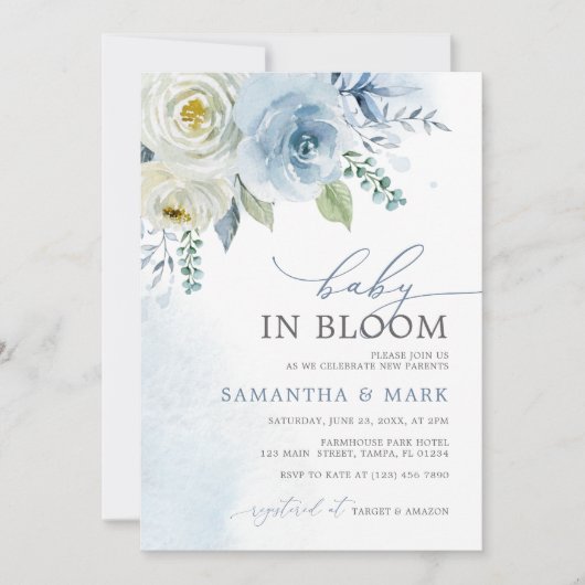 Baby in Bloom Dusty Blue Roos Floral Baby shower Kaart (Voorkant)