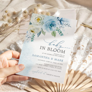 Baby in Bloom Dusty Blue Roos Floral Baby shower Kaart