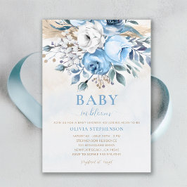 Baby in Bloom Dusty Blue Rozen Elegant Baby shower Kaart