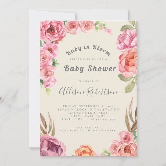 Baby in Bloom Dusty Pink Floral Baby shower Kaart (Voorkant)