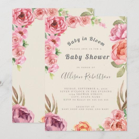 Baby in Bloom Dusty Pink Floral Baby shower Kaart (Voorkant / Achterkant)
