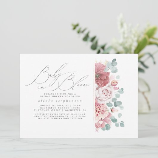 Baby in Bloom Dusty Pink Flowers Baby shower Kaart (Staand voorkant)
