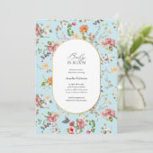 Baby in Bloom Elegant Blauw Waterverf Baby shower Kaart (Staand voorkant)