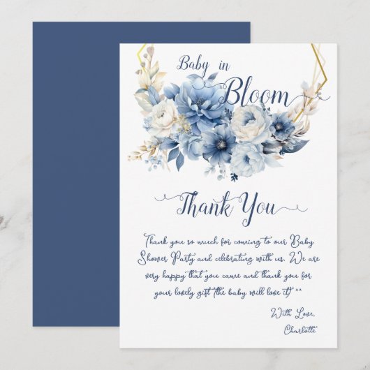 Baby in Bloom Elegant Blauwe Bloemen Baby shower Bedankkaart (Voorkant / Achterkant)