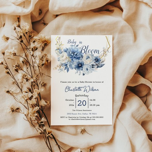 Baby in Bloom Elegant Blauwe Bloemen Baby shower Kaart