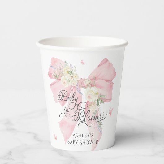 Baby in Bloom Elegant Soft Pink Bow Baby shower Papieren Bekers (Achterkant)