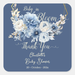 Baby In Bloom Elegante Blauwe Bloemen Baby Shower Vierkante Sticker