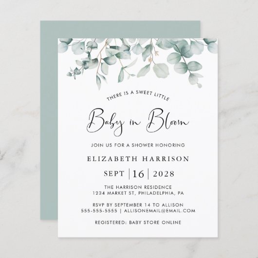Baby in Bloom Eucalyptus Budget Shower Invitation (Voorkant / Achterkant)