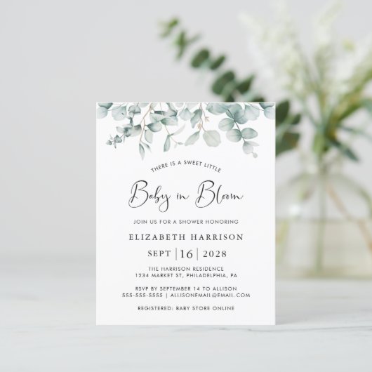Baby in Bloom Eucalyptus Budget Shower Invitation (Staand voorkant)