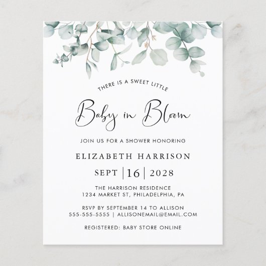 Baby in Bloom Eucalyptus Budget Shower Invitation (Voorkant)
