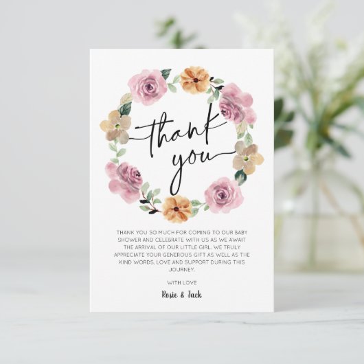 Baby in Bloom Floral Baby shower Bedankkaart (Staand voorkant)