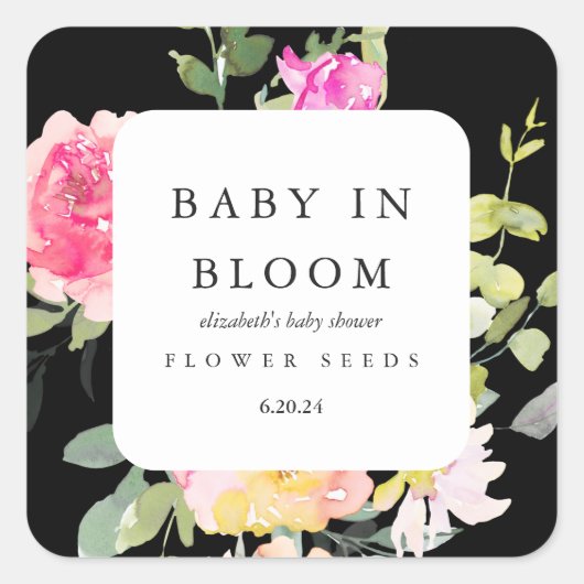 Baby in Bloom Floral Baby shower Black Vierkante Sticker (Voorkant)