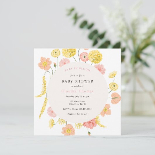 Baby in Bloom Floral Baby shower Invitation Kaart (Staand voorkant)