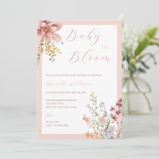 Baby in Bloom Floral Baby shower Invitation Kaart (Staand voorkant)