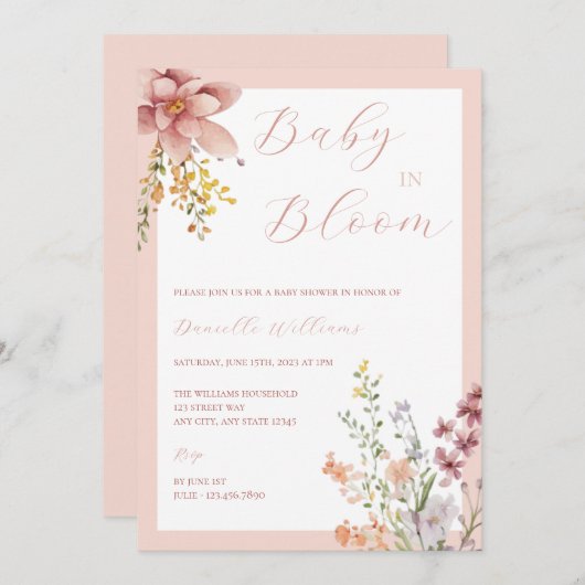 Baby in Bloom Floral Baby shower Invitation Kaart (Voorkant / Achterkant)