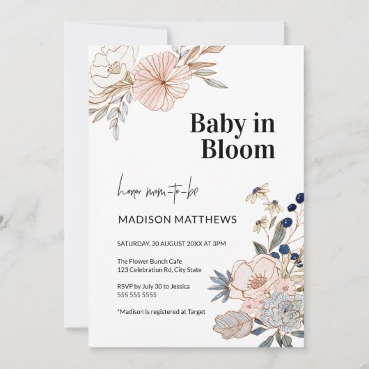 Baby in Bloom Floral Baby shower Invitation Kaart (Voorkant)