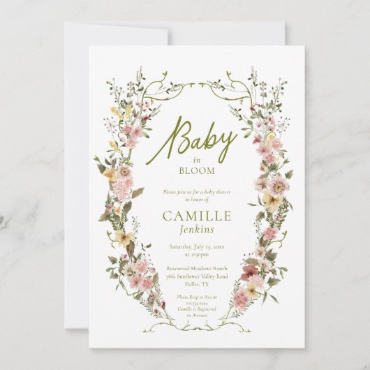 Baby in Bloom Floral Baby shower Invitation Kaart (Voorkant)