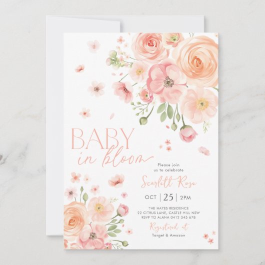Baby in Bloom Floral Baby shower Roze Kaart (Voorkant)