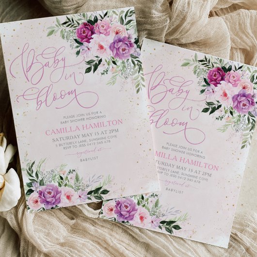 Baby in Bloom Floral Baby shower roze Paars Kaart