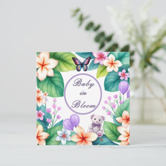 Baby in Bloom floral baby shower unisex uitnodigin Kaart (Staand voorkant)