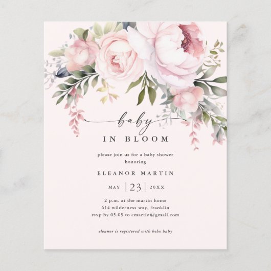 Baby in Bloom Floral Budget Baby shower Uitnodigin (Voorkant)