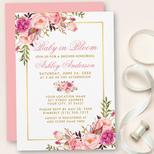 Baby in Bloom Floral Pink Blush Gold Shower Kaart