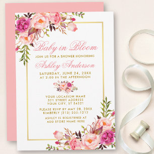 Baby in Bloom Floral Pink Blush Gold Shower Kaart